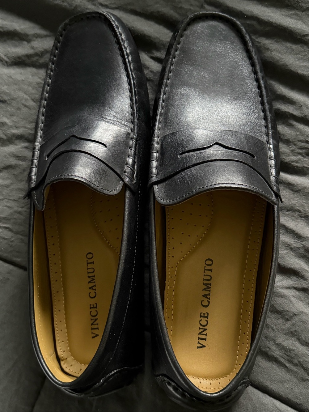 Vince Camuto Black Leather Penny Loafers with Tan Insole